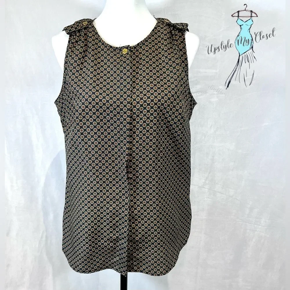 Michael Kors navy and brown geometric print blouse top size 6
